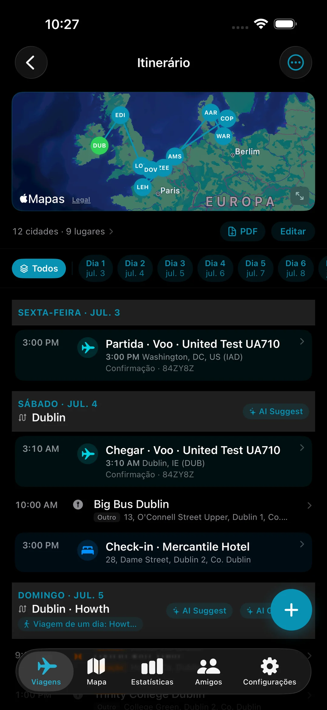 Itinerário diário com paradas, clima e tempo de caminhada