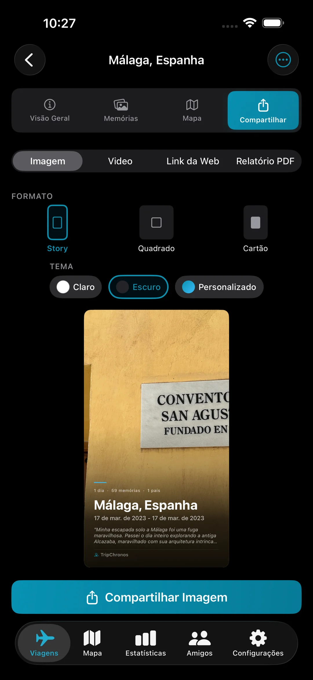 Compartilhe tela com opções de vídeo, link da web e relatório em PDF