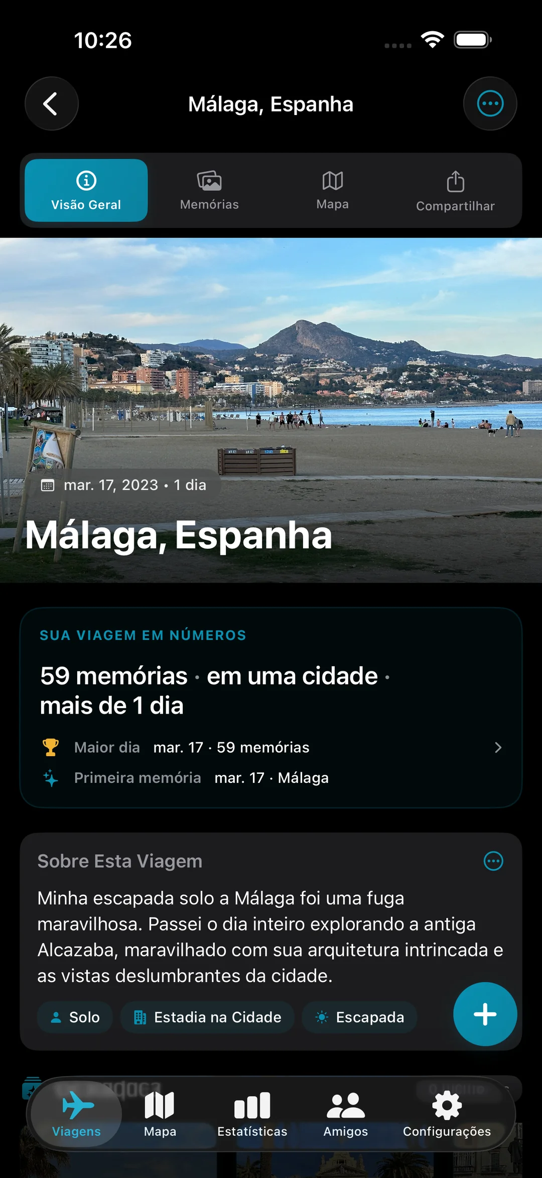 Visão geral da viagem para Málaga, Espanha, mostrando 59 memórias em uma cidade, com foto do herói e resumo da Viagem em Números