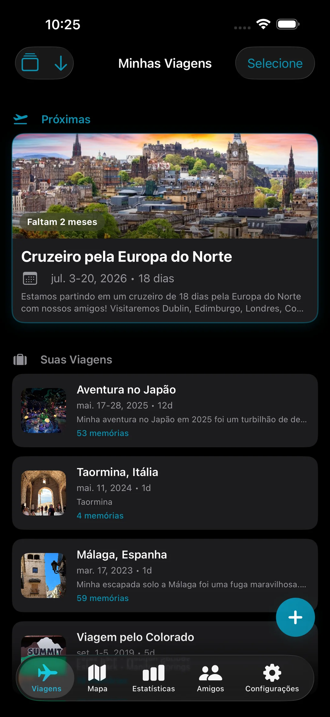 Lista Minhas Viagens com um próximo cruzeiro no Norte da Europa e viagens anteriores ao Japão, Itália e Espanha