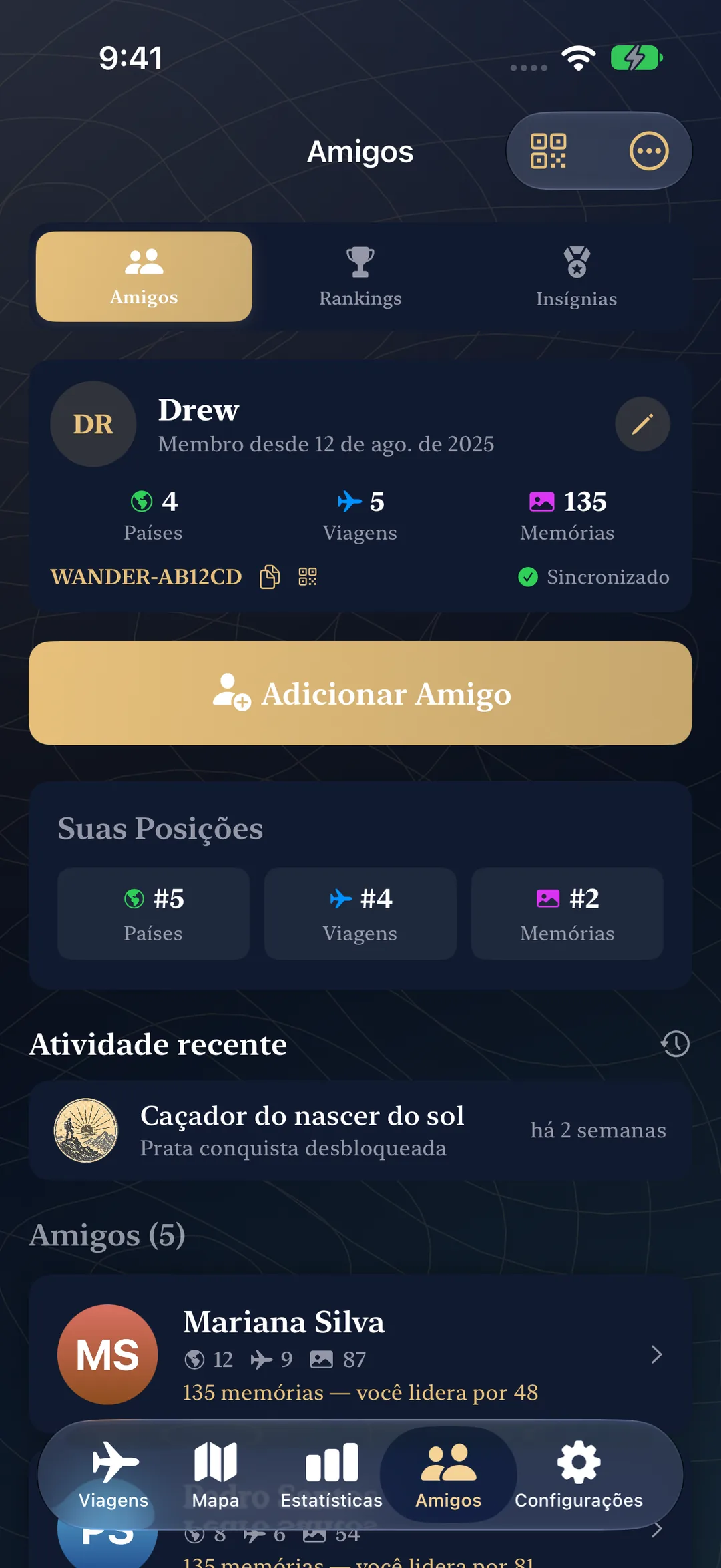 Perfil de amigos com classificações, atividades recentes de conquistas e viajantes conectados