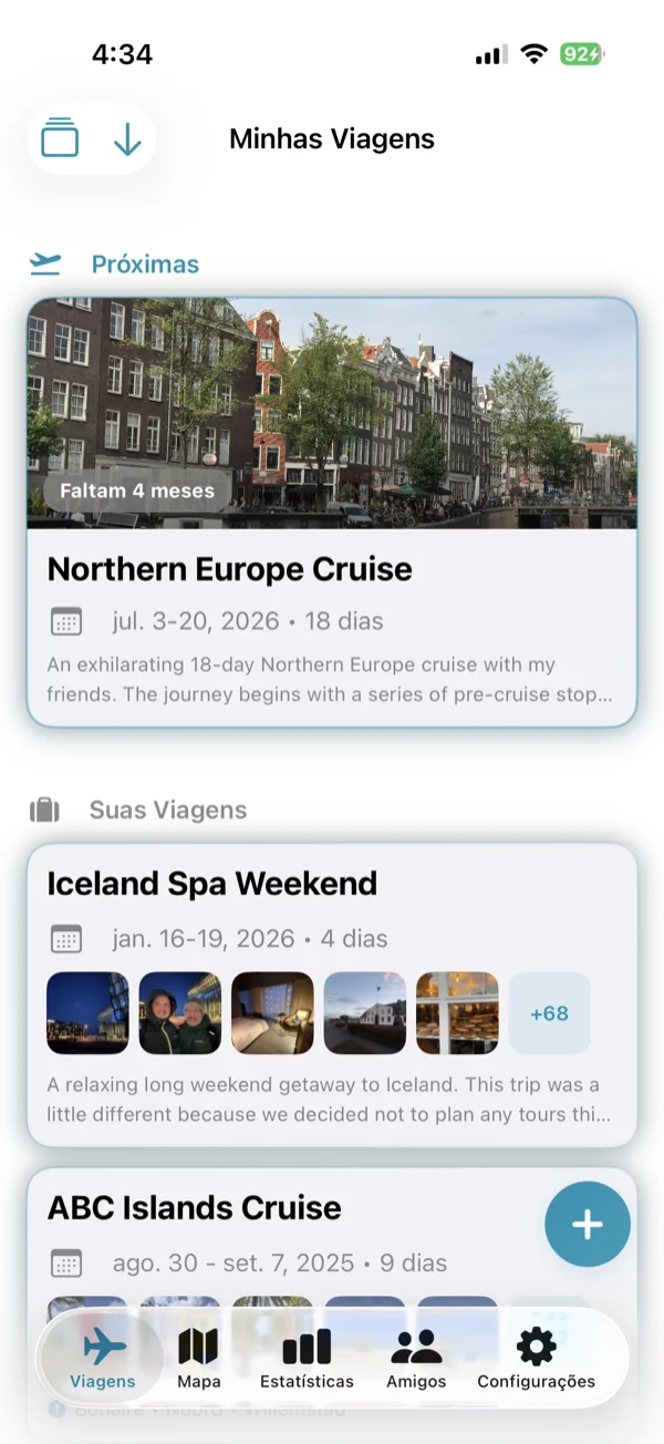 Tela da lista de viagens