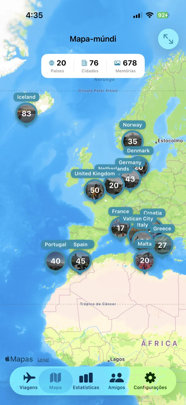 Tela do mapa mundial