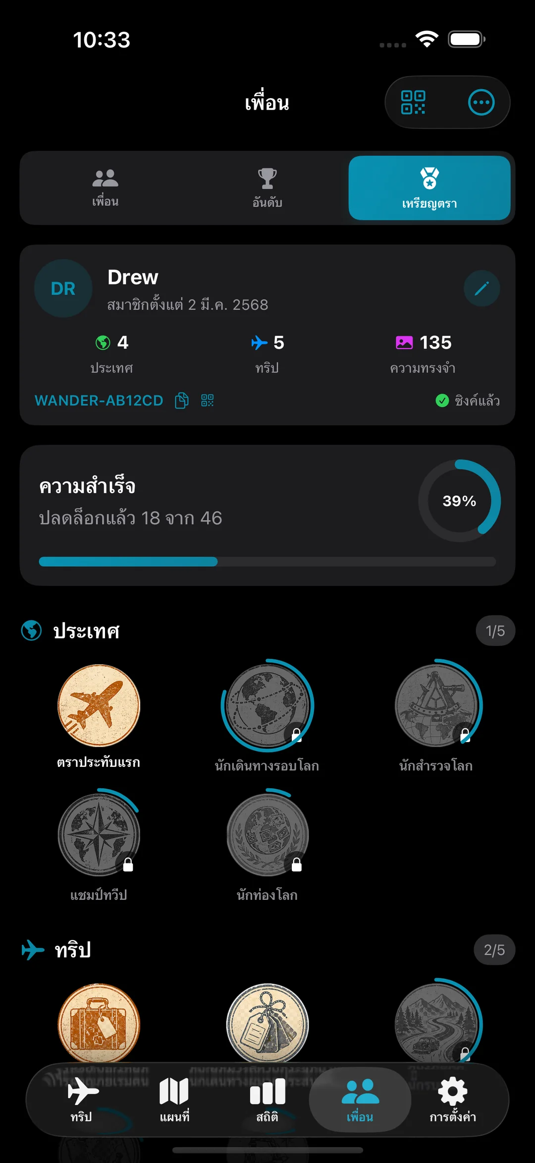 ผนังป้ายความสำเร็จที่ปลดล็อค 18 จาก 46 รายการ แสดงความก้าวหน้าระดับประเทศและการเดินทาง