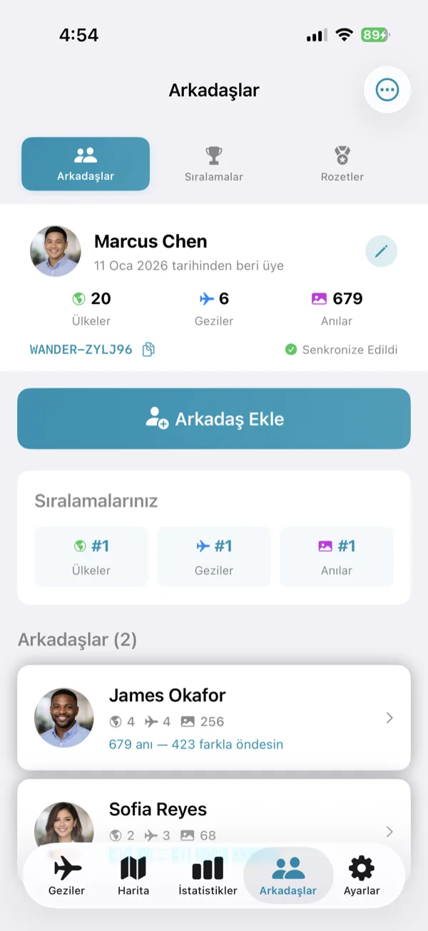 Arkadaşlar ve Skor Tabloları ekranı