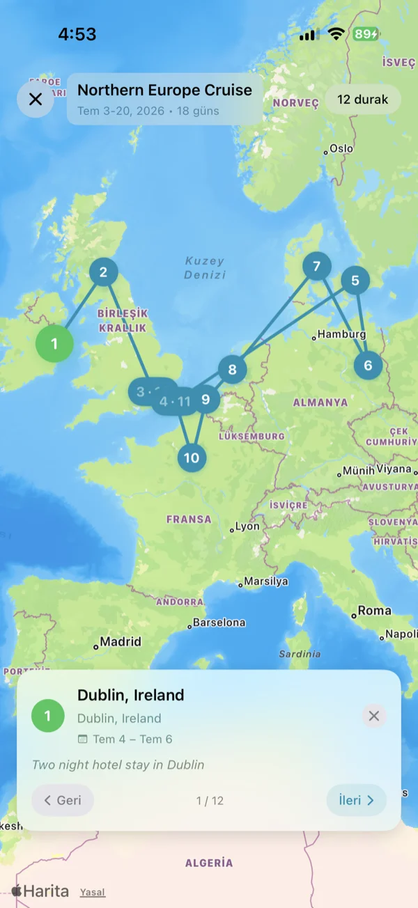 Seyahat Planı Haritası ekranı