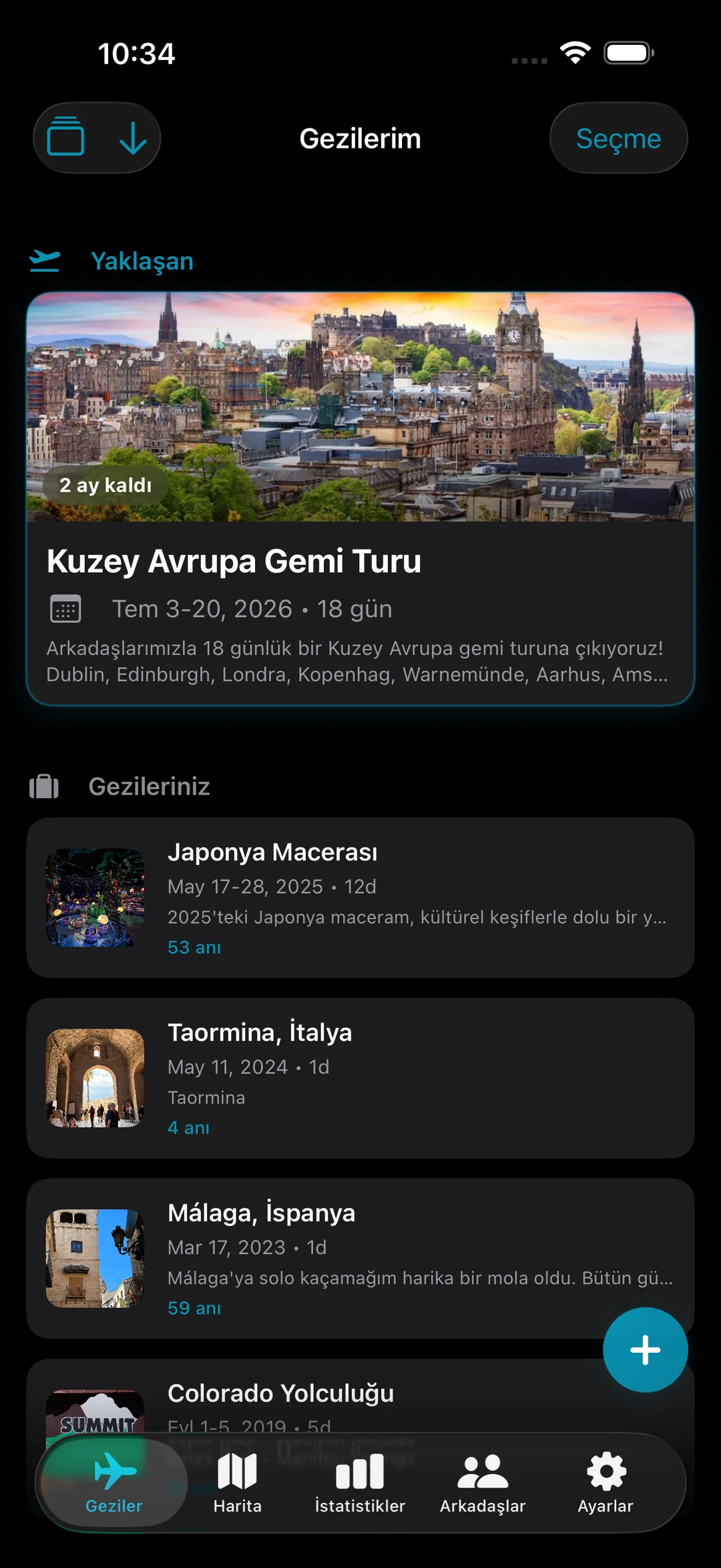 Yaklaşan Kuzey Avrupa Gemi Gezisi ve Japonya, İtalya ve İspanya'ya geçmiş gezileri içeren Gezilerim listesi
