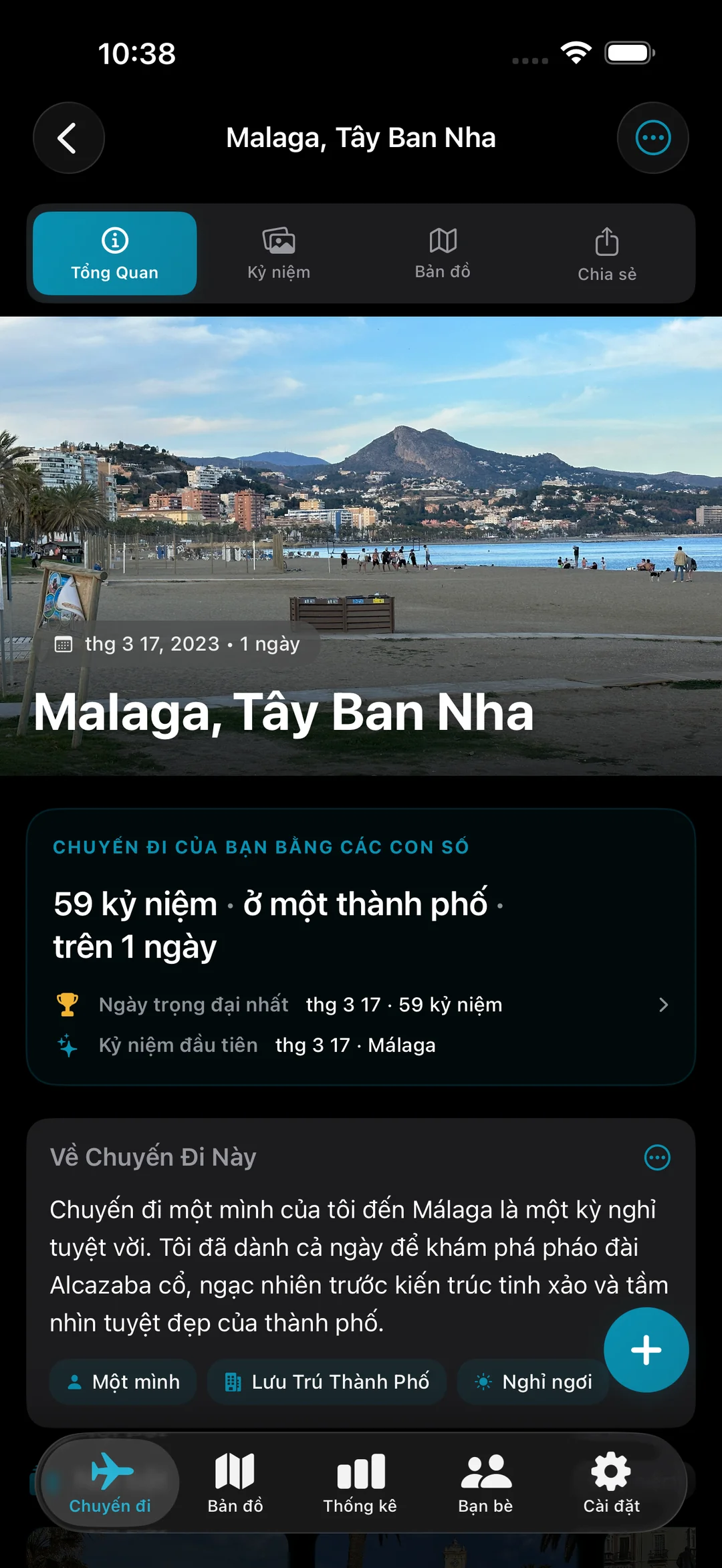 Tổng quan về chuyến đi đến Málaga, Tây Ban Nha thể hiện 59 kỷ niệm ở một thành phố, với bức ảnh anh hùng và tóm tắt Chuyến đi bằng những con số