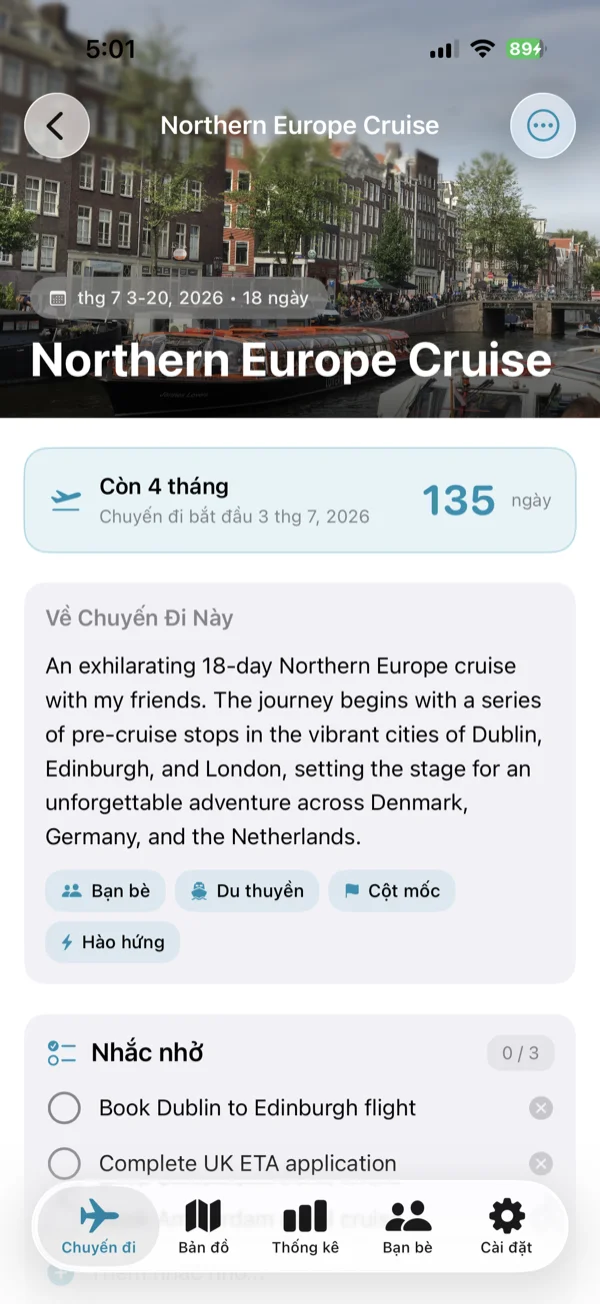 Màn hình chi tiết chuyến đi sắp tới